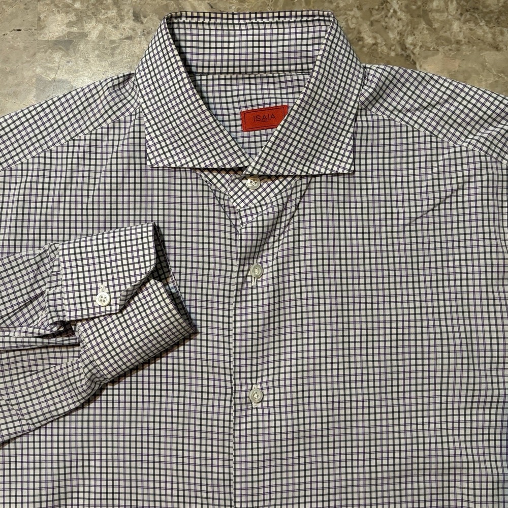 Isaia Shirt Mens 16.5 42 White Windowpane Check Long Sleeve Button Leuca Mix